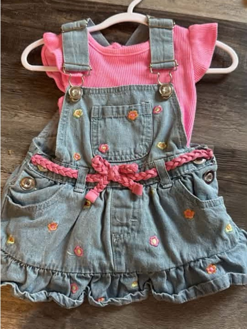 Kids Pink & Denim Floral Embroidered Overalls Skirt